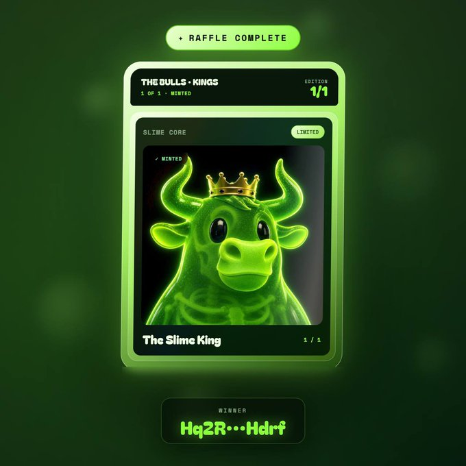 A digital raffle completion screen showing a green 'The Slime King' collectible card from 'The Bulls • Kings' series, won by user 'Hq2R...Hdrf'.