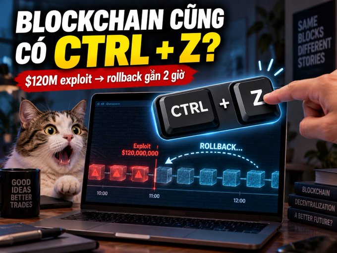 A meme-style graphic with Vietnamese text 'BLOCKCHAIN CŨNG có CTRL + Z?' showing a shocked cat, a hand pressing Ctrl+Z, and a blockchain rollback after a $120M exploit.