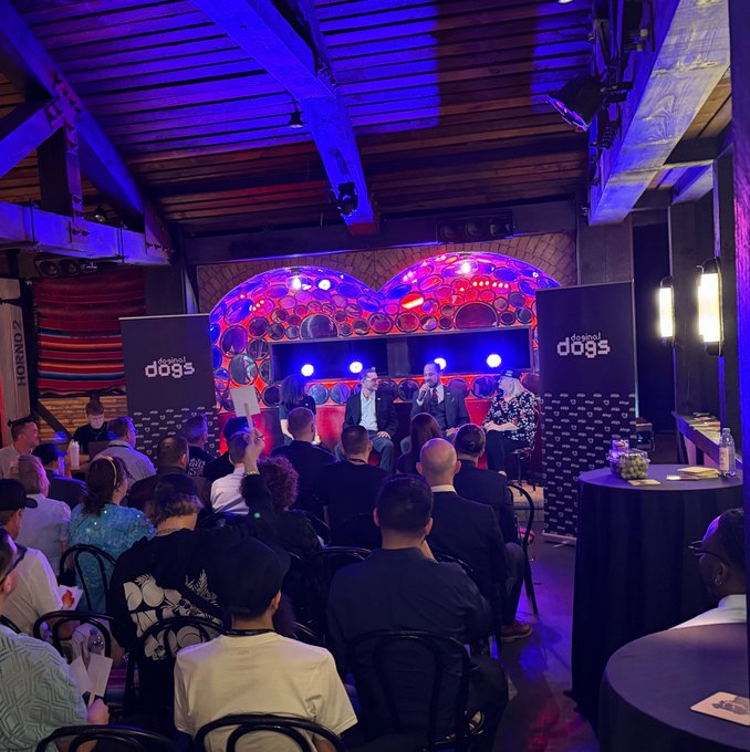 An audience sits in a dimly lit venue with blue lighting watching a panel discussion on stage, with branded banners reading 'decentral dogs' visible behind the speakers.