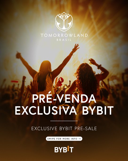 A promotional poster for Tomorrowland Brasil featuring concertgoers with raised hands against a golden-lit stage, advertising an "Exclusive Bybit Pre-Sale" with text prompting viewers to "Swipe for More Info" and displaying the Bybit logo at the bottom.