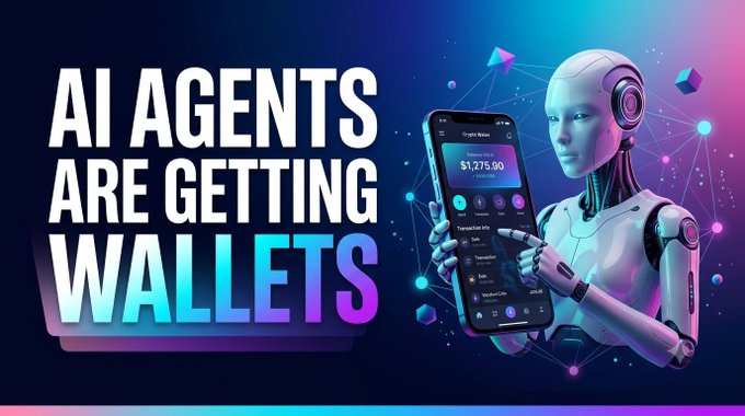 A futuristic humanoid robot holds a smartphone displaying a crypto wallet showing a $1,275.90 balance, alongside bold text reading "AI AGENTS ARE GETTING WALLETS"—visually reinforcing the post's message about AI agents gaining financial autonomy to hold assets, pay for compute, and interact with Web3 protocols.