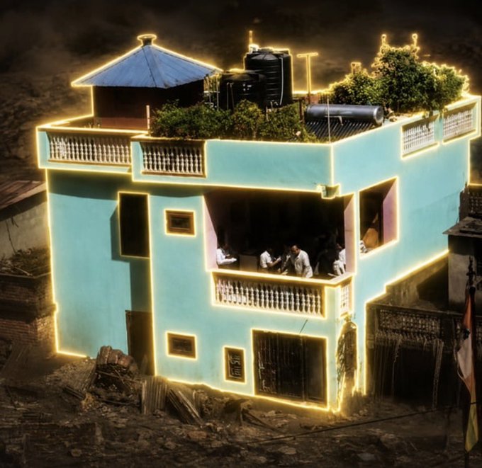 A turquoise, brightly outlined house with rooftop vegetation and people gathered at an open window is shown amid a dark neighborhood. The post uses the scene as a charitable cause for a coin called “Pink,” joking that it could reach a couple million from its current 100k valuation.
