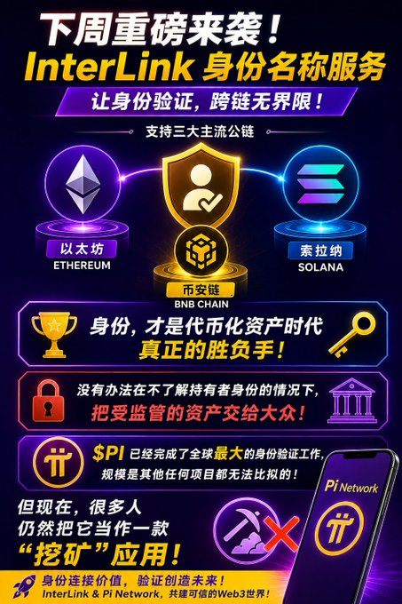 A promotional poster for InterLink's upcoming Identity Name service, featuring graphics of the Ethereum, BNB Chain, and Solana logos connected by a central shield icon, with Chinese text declaring "下周重磅来袭！InterLink身份名称服务" (Coming next week! InterLink Identity Name Service) and highlighting its cross-chain identity verification capabilities. The accompanying post expands on the launch announcement, emphasizing that digital identity will be the decisive factor in the tokenized asset era.