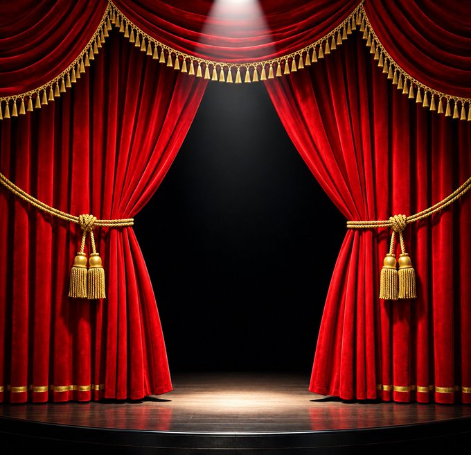 A theatrical stage is framed by luxurious, deep red velvet curtains adorned with golden tassels and trim, illuminated by a single spotlight shining down onto the empty wooden stage floor.