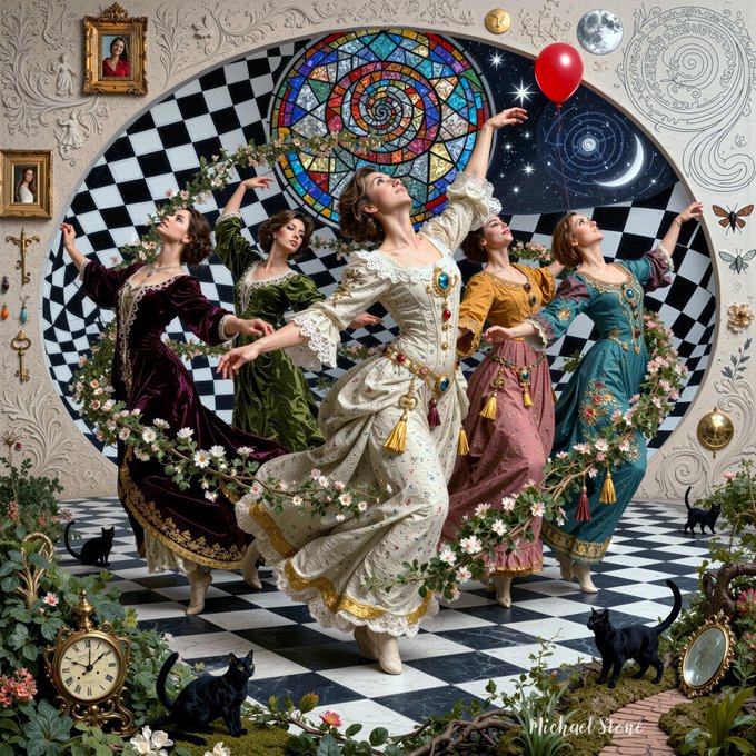 A surreal fantasy illustration by Michael Steirn showing four women in ornate vintage dresses dancing on a checkered floor beneath a stained-glass window and starry sky, surrounded by black cats, a red balloon, and intricate decorative elements.