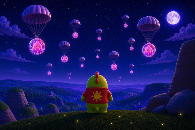 An animated scene of a green dinosaur-like character in a red shirt standing on a hill at night, watching glowing purple parachutes carrying circular tokens descend from a starry sky under a full moon.
