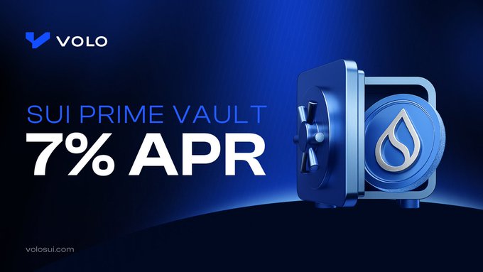 A promotional graphic for VOLO featuring a 3D blue vault/safe illustration with a water droplet symbol, advertising "SUI PRIME VAULT" with "7% APR" displayed prominently, alongside the volosui.com URL — directly visualizing the post's offer of 7% APR on the Sui Prime Vault.