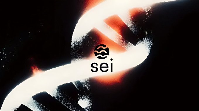 Stylized 'sei' cryptocurrency logo displayed in the center against a dark, glowing red and white abstract background.