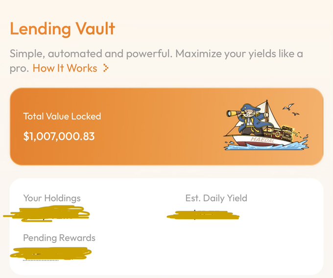 A 'Lending Vault' interface showing Total Value Locked at $1,007,000.83, with 'Your Holdings' and 'Est. Daily Yield' sections redacted in yellow.