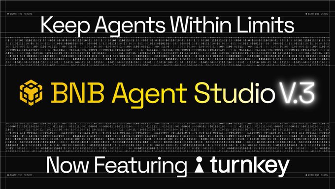 A digital announcement banner with a black background and matrix-style code reads "Keep Agents Within Limits" and "BNB Agent Studio V.3" in bold yellow text, alongside a BNB cube logo, and concludes with "Now Featuring turnkey" at the bottom, promoting the integration of Turnkey wallet support into the BNB Agent Studio.