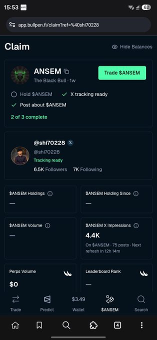 A mobile screenshot of the Bullpen app showing a 'Claim' page for a token called ANSEM ($ANSEM) with details like 6.5K Followers, 4.4K impressions, and various tracking options.
