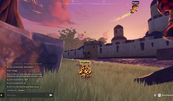 Screenshot from the game Wildstride showing a player named '-hypha-' near a castle, with chat messages about spelling 'Blaze' correctly on stream.