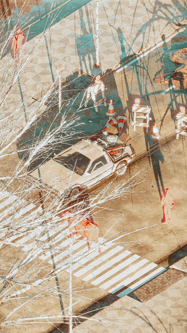 A vintage-style, color-shifted photograph of a road construction scene featuring workers, traffic cones, a small truck, and a zebra crossing.