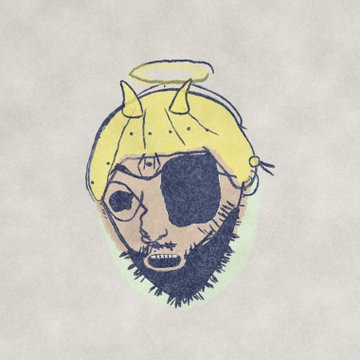 A hand-drawn illustration depicts a bearded figure with a yellow horned helmet featuring a halo and an eyepatch, baring sharp teeth.
