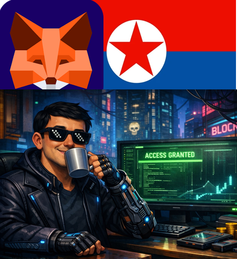 A digital illustration showing a MetaMask fox logo and North Korean flag above a hacker wearing pixel sunglasses and holding a coffee mug in front of a screen reading 'ACCESS GRANTED'.