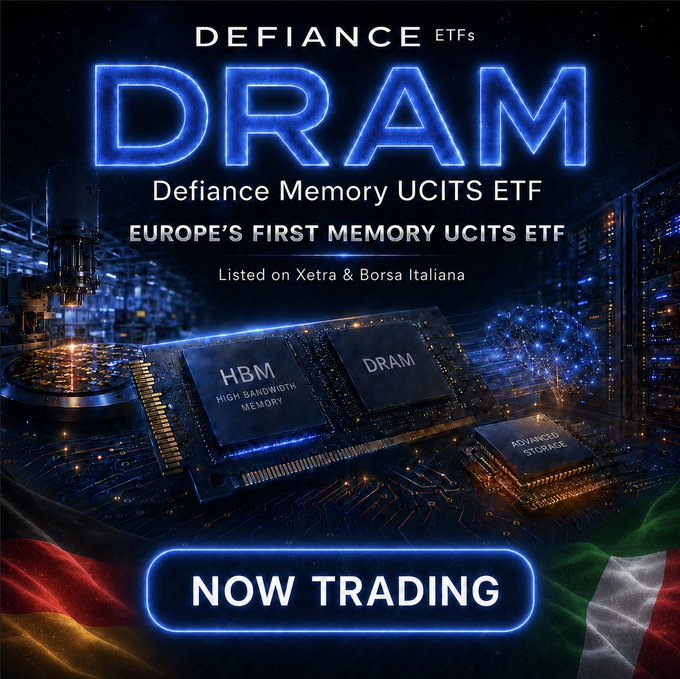 The image features a blue background with white text that reads "Defiance Launches Europe's First Memory UCITS Etf". The text also includes a list of companies listed on the ETF, such as "HBM", "Xtra & Borsa Italy", and "EFTs". The image is accompanied by an image of a computer chip.