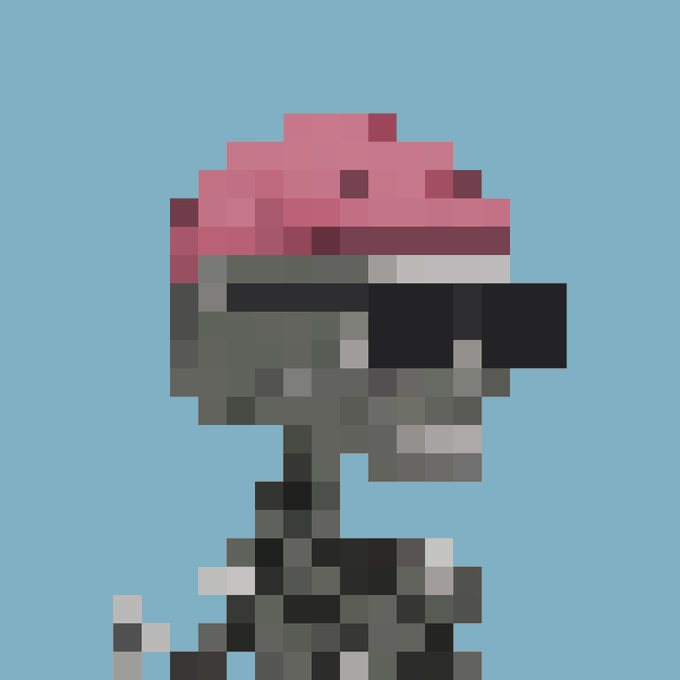 A low-resolution pixel art image shows a figure wearing a pink hat and dark goggles/visor against a light blue background.