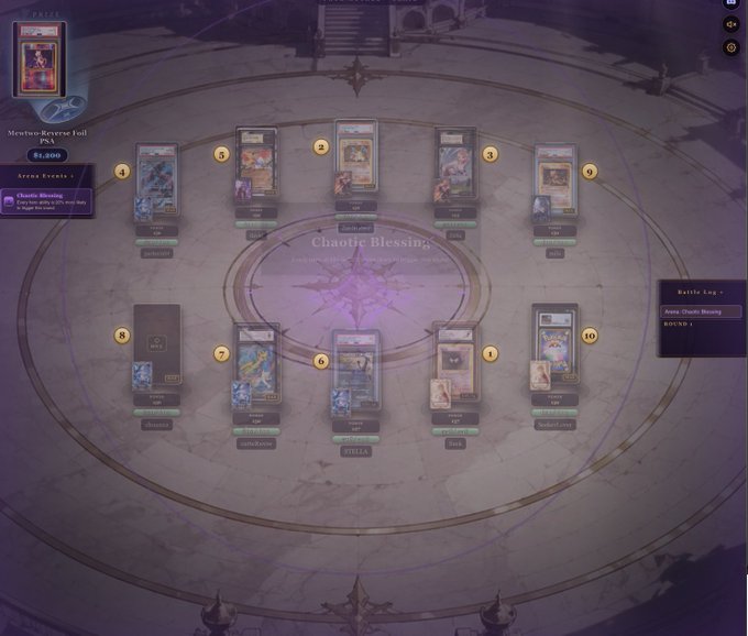 A digital card game interface titled 'Chaotic Blessing' shows two players with cards arranged in a circular battle arena.