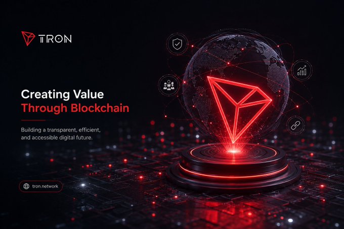 A promotional graphic for the TRON blockchain network with the tagline 'Creating Value Through Blockchain' and 'Building a transparent, efficient, and accessible digital future.'