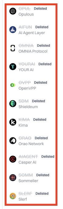 A mobile screenshot showing a list of cryptocurrency tokens that have been 'Delisted,' including Opulous, AI Agent Layer, OMNIA Protocol, YOUR AI, OpenVPP, Shieldleum, Klima, Orao Network, Casper AI, Sommelier, and Slerf.
