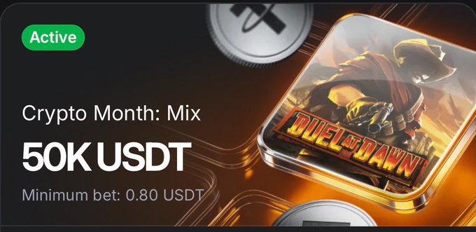 Promotional banner for a 'Crypto Month: Mix' tournament with a 50K USDT prize pool and minimum bet of 0.80 USDT, featuring the 'Duel at Dawn' game logo.