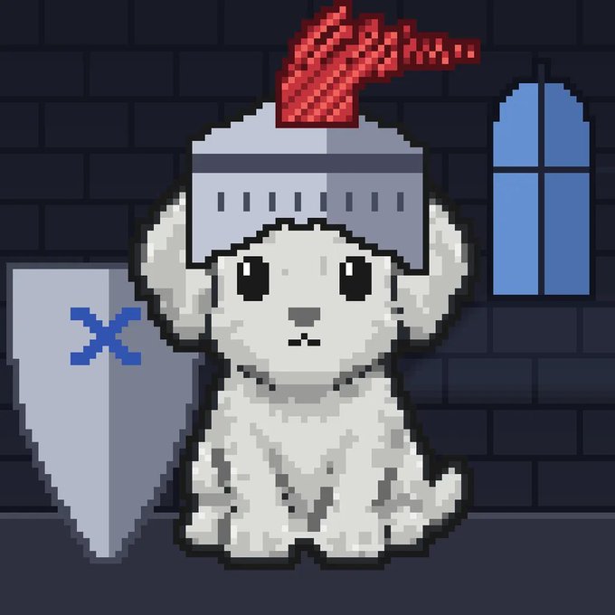 Pixel art image featuring a cute white dog wearing a knight's helmet with a red plume, sitting next to a gray shield with a blue cross, set against a dark brick wall with an arched blue window.