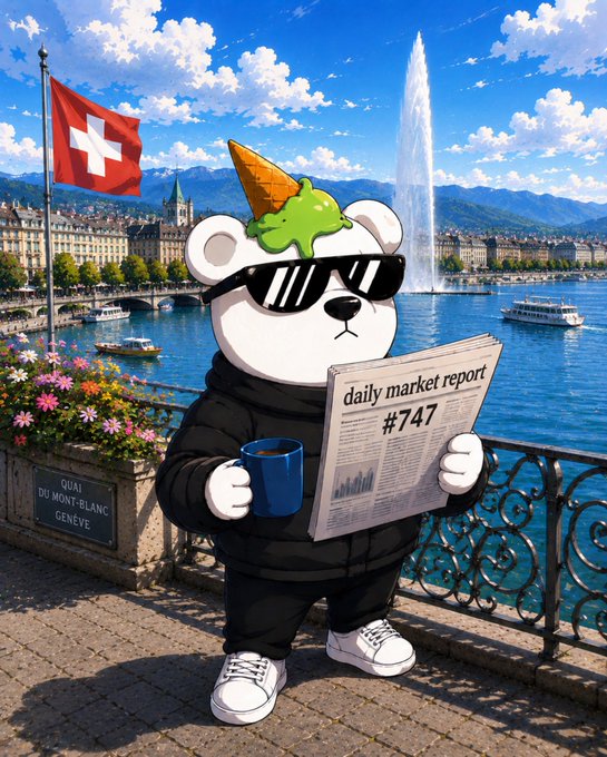 In the image, there's a cartoon bear standing at the edge of a bridge wearing sunglasses with ice cream on its head. The bear is holding a newspaper which appears to be about the daily market report. There are two boats visible below the bear as well.

The caption in the image says "Daily Market Report #747 TLDR $BTC sits at $75,478 down 1.6% while crypto keeps bleeding and the S&P keeps grinding into record territory. That divergence says institutional money is not flowing into crypto right now. $ETH sits at $2,070 and still weak." It seems to be a reference to an article about the market fluctuations in a financial newspaper.