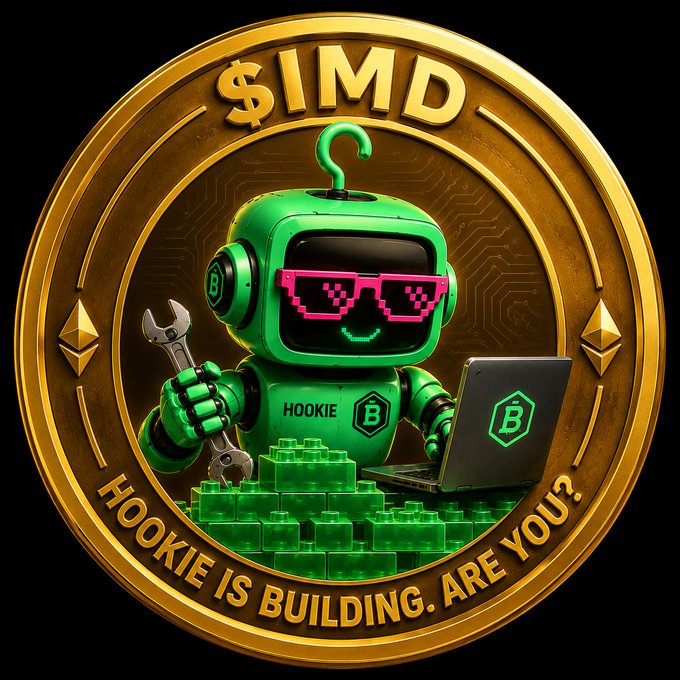 A digital illustration of a gold coin labeled '$IMD' featuring a green robot wearing pixelated sunglasses, holding a wrench and laptop, with the text 'HOOKIE IS BUILDING. ARE YOU?' and 'HOOKIE' on its chest.
