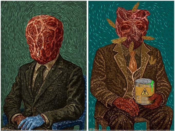 The image features two paintings of men dressed in suits, one wearing a suit with a skull headpiece and the other wearing a suit with a skull face mask. The man in the skull-headpiece painting has his arms crossed over his chest while sitting on a chair, holding a can of beer. The man in the skull-face mask painting also sits on a chair, but he is holding a can of beer as well. Both paintings are set against a green background with white swirls and lines, giving them an artistic and surreal appearance.
