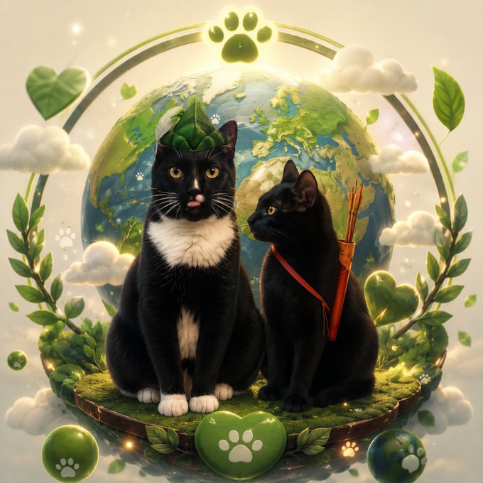 A digital illustration of two black cats sitting on a floating patch of grass, with one wearing a leaf hat and the other carrying a quiver of arrows, against a backdrop of the Earth.