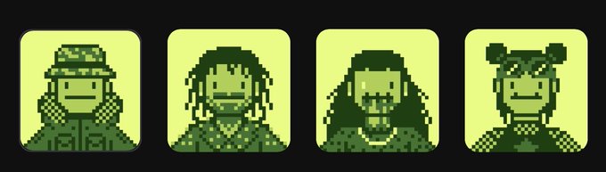 Four pixel-art avatar icons displayed in yellow squares, each depicting a different character with varied hairstyles, hats, and accessories.