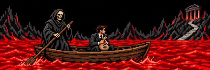 Pixel art showing a grim reaper rowing a boat with a saxophone-playing man through a river of blood toward a Greek temple.