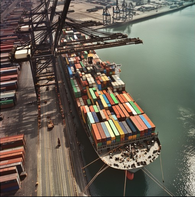 An aerial view of a large container ship docked at a port, loaded with colorful shipping containers and serviced by massive cranes.