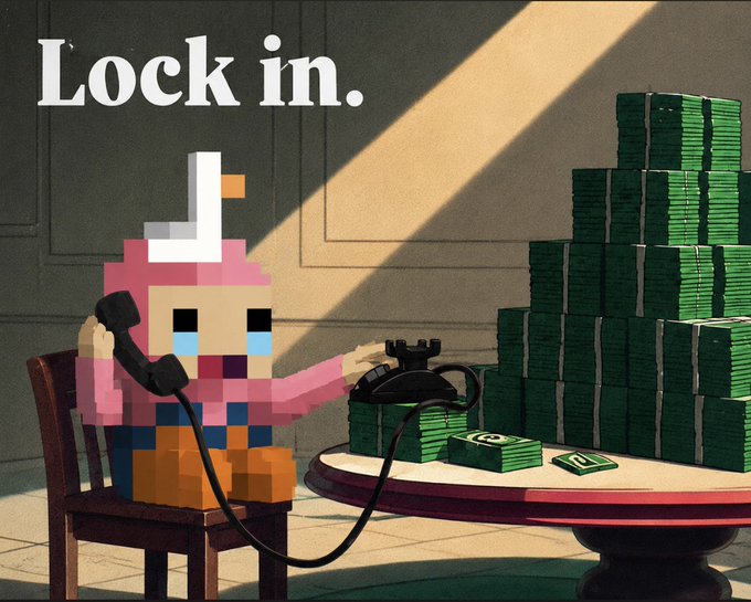 A pixel-art style meme with "Lock in." text showing a character at a rotary phone next to massive stacks of cash, themed around focus and grinding for wealth.