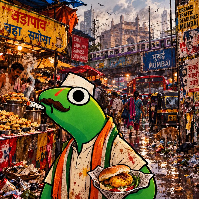 A vibrant illustrated scene of a busy Mumbai street market featuring a cartoon frog mascot wearing traditional Indian attire and holding vada pav, with Hindi signage for "vadapav" and "MUMBAI" visible in the background.