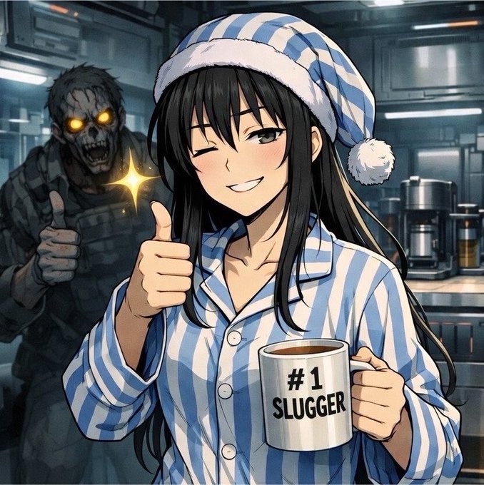 An anime-style illustration of a girl in blue and white striped pajamas giving a thumbs up while holding a '#1 SLUGGER' mug, with a zombie lurking in the background.
