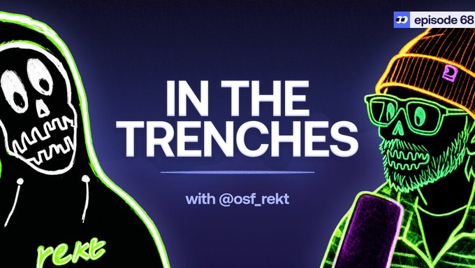 A neon-styled podcast thumbnail for "In the Trenches" episode 68 with @osf_rekt, featuring a skull character wearing a beanie and glasses. The $REKT branding and "World Domination" tagline tie into the rekt-themed branding, suggesting the episode covers crypto/Web3 topics related to losses or risk.