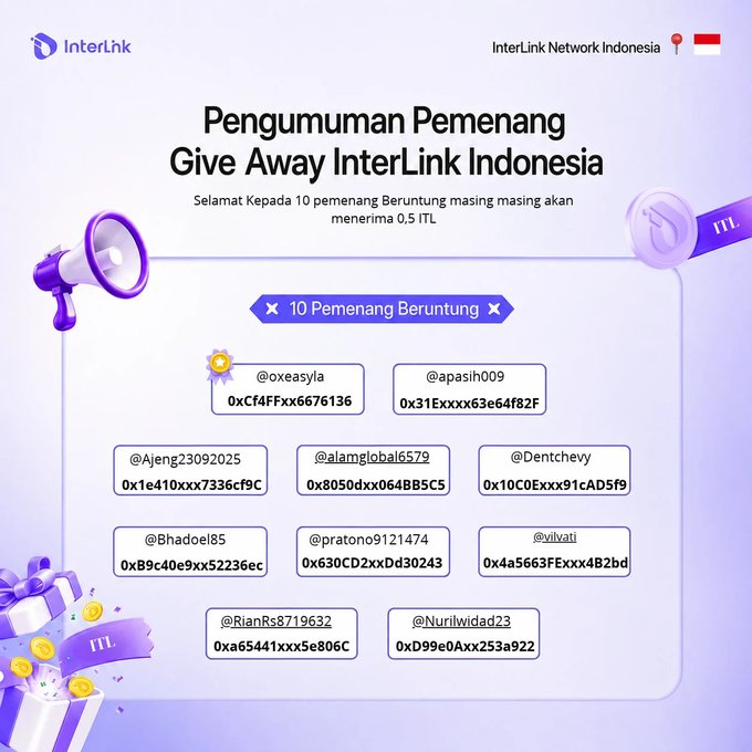 An InterLink Network Indonesia giveaway announcement in Indonesian, titled 'Pengumuman Pemenanga Give Away InterLink Indonesia', listing 10 winners (@oxeasyia, @apasih009, @Ajeng23092025, @alamglobal6579, @Dentchievy, @Bhadoel85, @pratono9121474, @vilvati, @RianRs8719632, @Nurliwidad23) who will each receive 0.5 ITL.