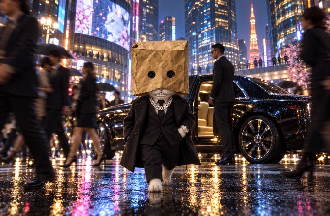 A chihuahua wearing a black suit, gold chain, and a brown paper bag over its head stands on a rainy city street at night, with a luxury car and blurred pedestrians in the background.