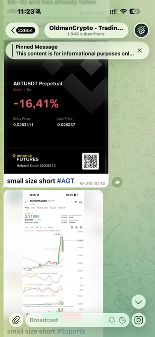 The image shows a phone screen with several posts displayed, including one about a cryptocurrency called "OldmanCrypto". The main post is titled "OldmanCrypto" and has a message that says "Took profit very quickly shorting #Esports. #AGT will dump soon keep size small and short it." This post seems to be related to the cryptocurrency market, as indicated by its title and content.

The image also contains other posts about gaming and sports, which might not have a direct connection with the cryptocurrency discussion but could still be of interest to some viewers. The overall atmosphere of the image is that of an online community or social media platform where people share information and engage in discussions related to various topics.