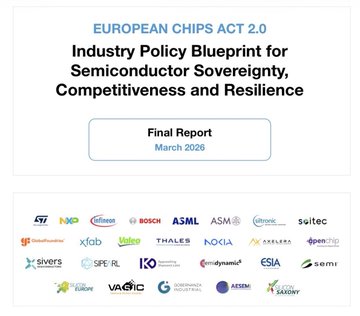 The image features a white background with various logos of companies, including semiconductor giants like ASM, Infiniband, and Biosignal. The text "European Chips Act 2.0" is also present, indicating that this is an advertisement for a new act or regulation related to the semiconductor industry.