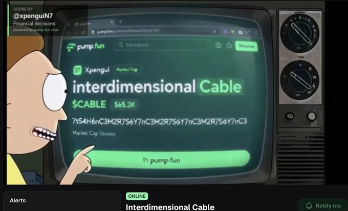 The image shows a Rick and Morty-style animated character pointing at a TV displaying a pump.fun page for a memecoin called "interdimensional Cable" ($CABLE) with a $65.2K market cap and a meme-inspired ticker address, humorously recreating the concept of "Interdimensional Cable" as a literal cryptocurrency token stream.
