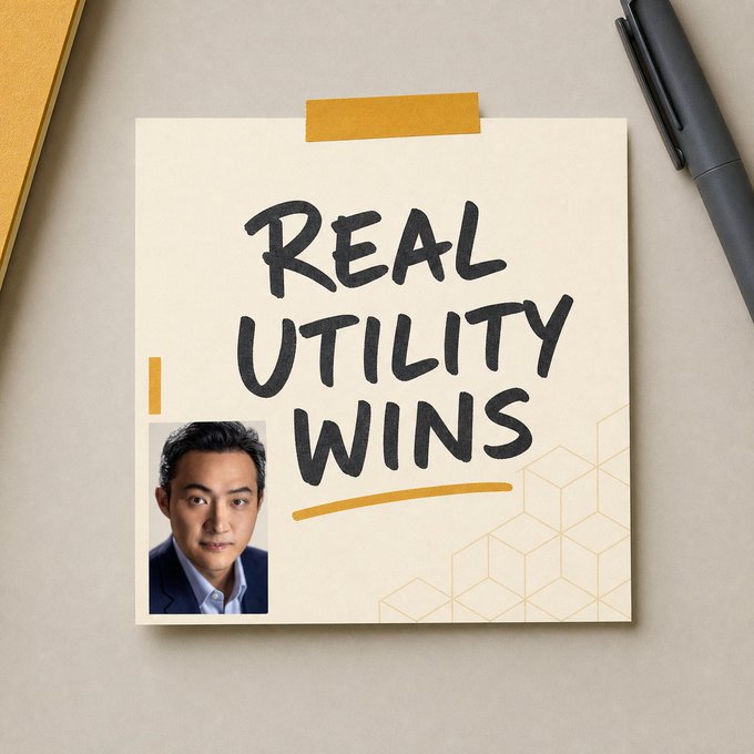 A sticky note displays the handwritten text 'REAL UTILITY WINS' with a small photo of a man in a suit in the corner.