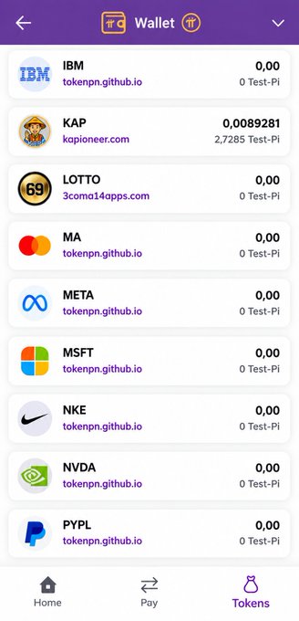 A mobile app screen titled "Wallet" displays a list of custom tokens on the Pi Testnet, including tickers such as IBM, KAP, LOTTO, MA, META, MSFT, NKE, NVDA, and PYPL, each linked to websites like tokenpn.github.io, kopioneer.com, and 3camo14apps.com. Most balances show "0,00" Test-Pi, except KAP which holds 2,7285 Test-Pi, illustrating the growing activity of community-deployed test assets ahead of the Protocol 27 upgrade.
