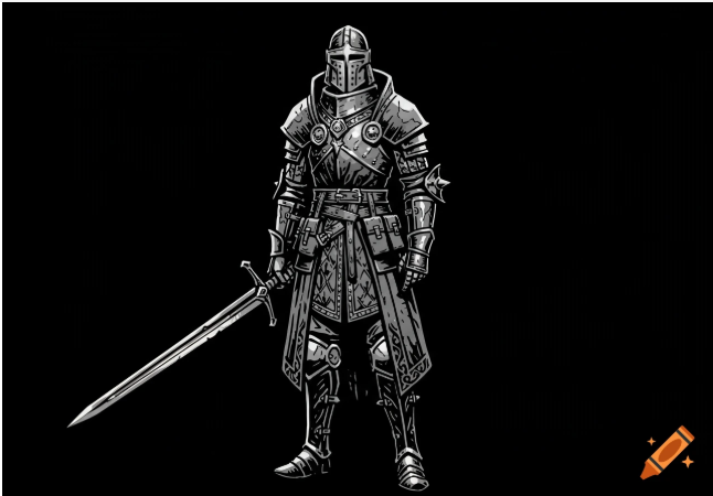 A detailed grayscale illustration depicts a medieval knight in full armor standing with a longsword, set against a black background.