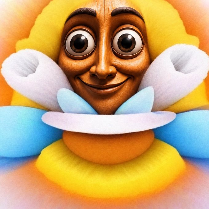 A stylized 3D-rendered profile picture featuring a smiling cartoon face with large expressive eyes, set against a vibrant yellow background and framed by colorful plush-like petals in white, blue, and orange, resembling a flower or soft toy design. The whimsical character appears to be a creative mascot, likely representing a meme coin's PFP that blends playful aesthetics with crypto culture humor.