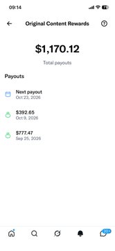 A mobile screenshot shows the "Original Content Rewards" page displaying a total payout of $1,170.12, with scheduled payouts including a $392.65 payout on Oct 23, 2026 (marked as "Next payout") and $777.47 on Sep 25, 2026. The image relates to the post by illustrating the creator's reward earnings, likely tied to the airdrop event they mention.
