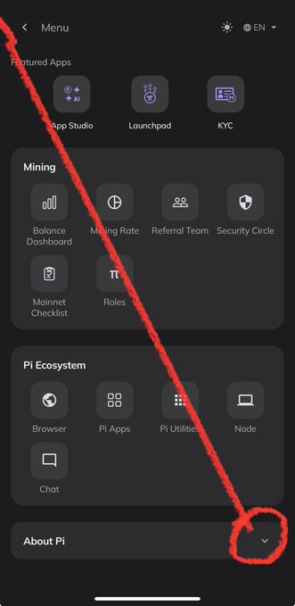 A screenshot of the Pi Network app menu showing sections like Featured Apps (App Studio, Launchpad, KYC), Mining tools (Balance Dashboard, Mining Rate, Referral Team), and the Pi Ecosystem, with a red arrow pointing to the expandable "About Pi" section at the bottom. The image illustrates the depth of Pi Network's platform features, reinforcing the post's claim that the founders built far more than a basic mining app.