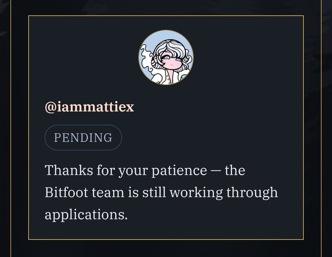 The image shows a Bitfoot application status for @iammattiex marked "PENDING," with a message stating the Bitfoot team is still working through applications. This relates to the post as it shows the user is still awaiting approval for the Zcash whitelist spot they're hoping to secure.
