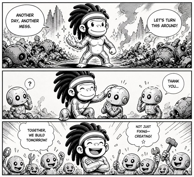 A three-panel black-and-white manga-style comic featuring a dreadlocked character who rallies small robots amid rubble; speech bubbles read 'ANOTHER DAY, ANOTHER MESS,' 'LET'S TURN THIS AROUND!,' 'THANK YOU...,' 'TOGETHER, WE BUILD TOMORROW!,' and 'NOT JUST FIXING—CREATING!'